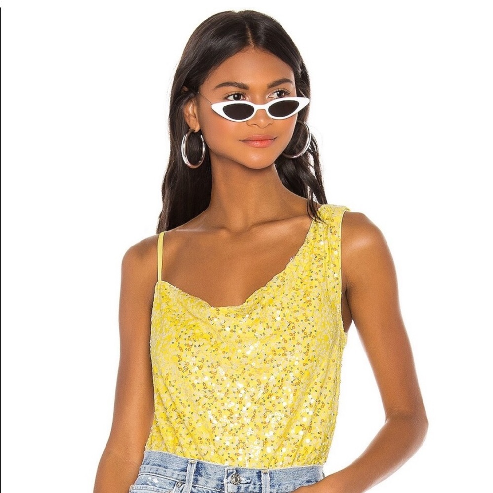 h:ours Louisa Bodysuit in Iridescent Canary Sequined Yellow